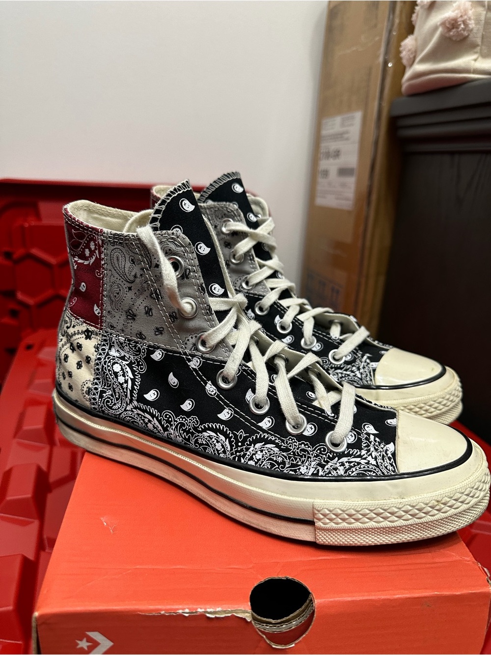 Converse x offspring collab. High-Top Bandana Patchwork Sneakers Black/Gray/Red
